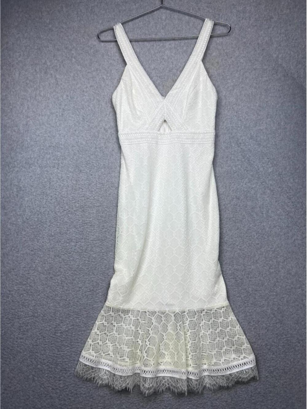 Guess Ivory Crochet Lace Cutout Mermaid Midi Dress V Neck Bridal Shower Cocktail